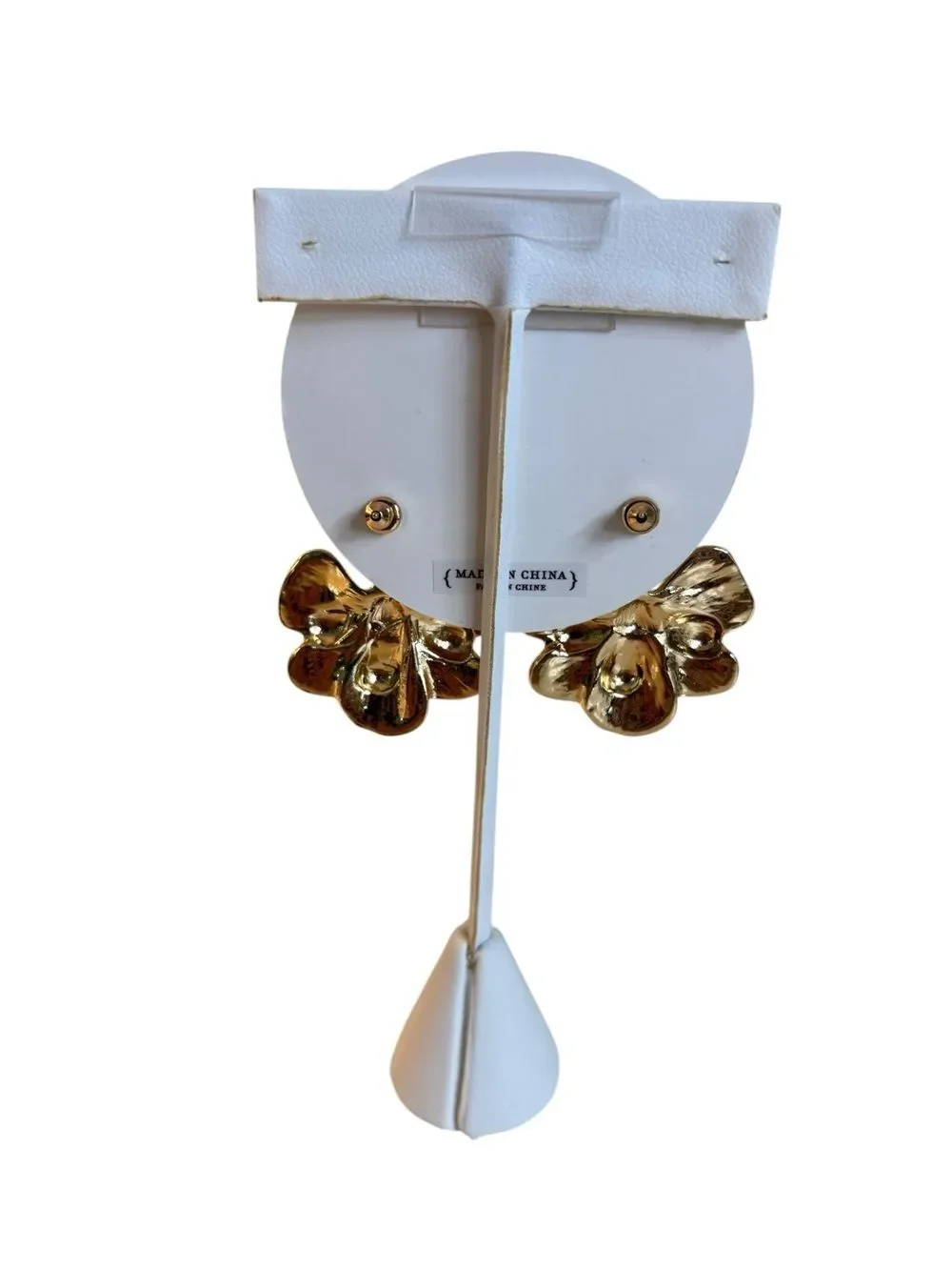 Light Pink & Gold Tone Multi-layered Enamel Flower Petal Drop Earrings.